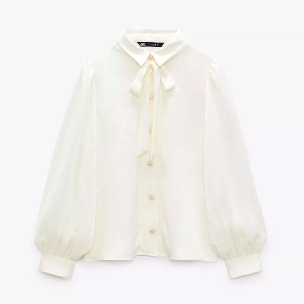 Elegant White Blouse with Bow Tie & Jewel buttons